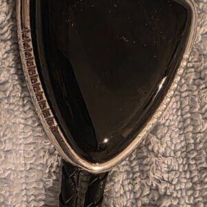 Vintage Metal Bolo Tie, Nice Silver and and Black Onyx, Big Size, Nice Design
